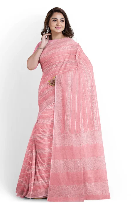 Hand Block Printed Cotton Saree - Pink