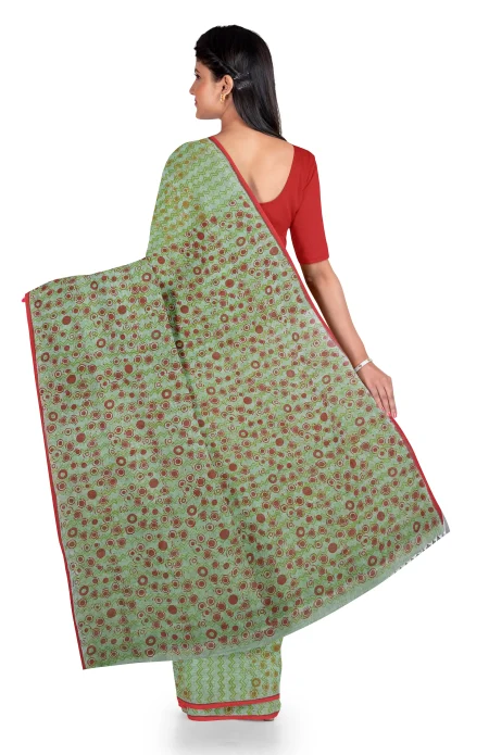 Hand Block Printed Cotton Saree - Green - Image 3