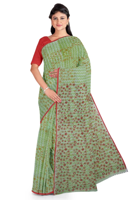 Hand Block Printed Cotton Saree - Green - Image 2