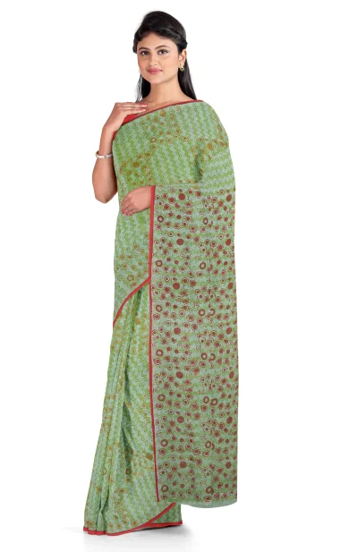 Hand Block Printed Cotton Saree - Green and Red