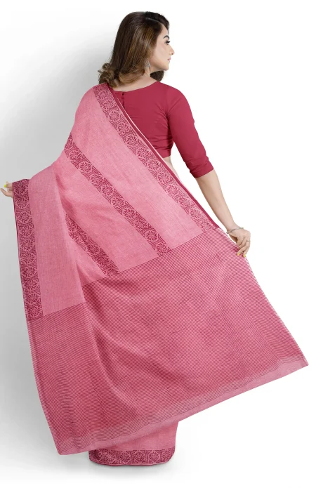 Hand Block Printed Cotton Saree - Burgundy - Image 3