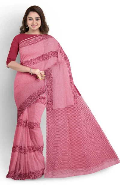 Hand Block Printed Cotton Saree - Burgundy