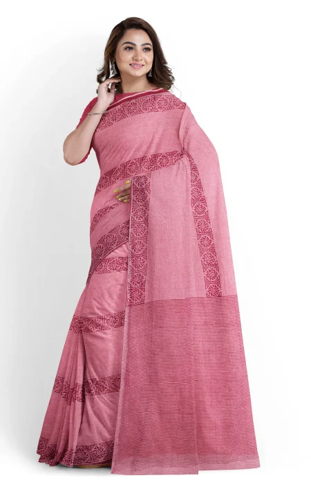 Hand Block Printed Cotton Saree - Burgundy - Image 2