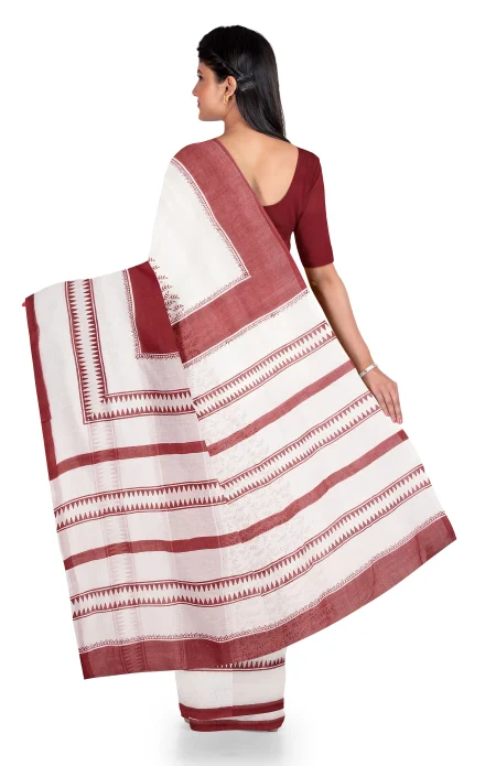 Hand Block Printed Cotton Saree - Maroon and White - Image 3