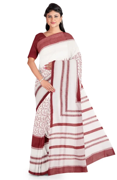 Hand Block Printed Cotton Saree - Maroon and White