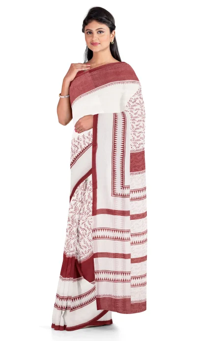 Hand Block Printed Cotton Saree - Maroon and White - Image 2