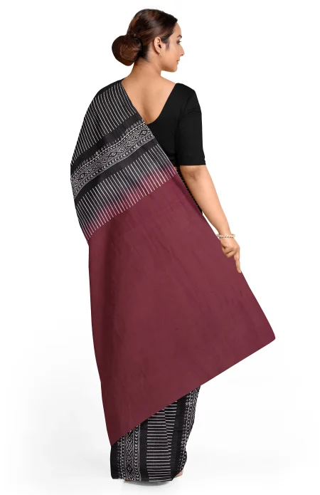 Hand Block Printed Cotton Saree - Maroon and Black - Image 3