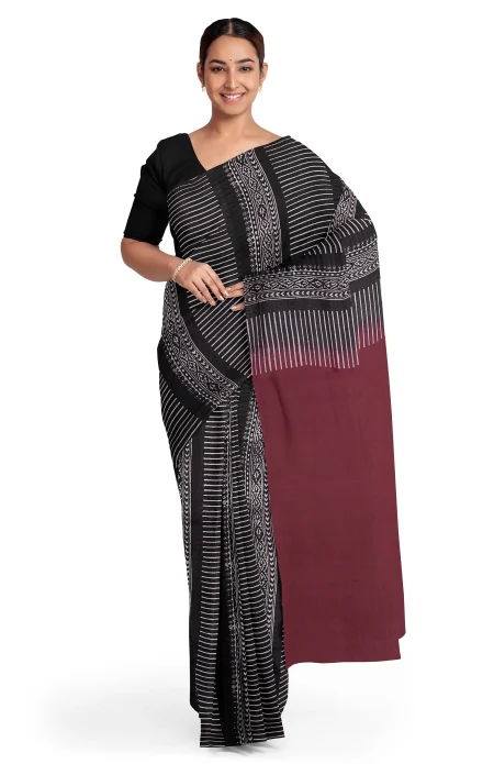 Hand Block Printed Cotton Saree - Maroon and Black - Image 2