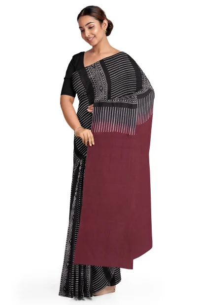 Hand Block Printed Cotton Saree - Maroon and Black