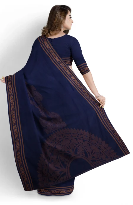 Handwoven Muslin Cotton Saree - Navy Blue - Image 3