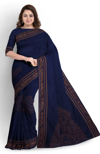 Handwoven Muslin Cotton Saree - Navy Blue