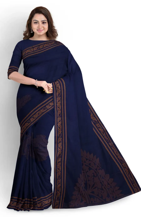 Handwoven Muslin Cotton Saree - Navy Blue