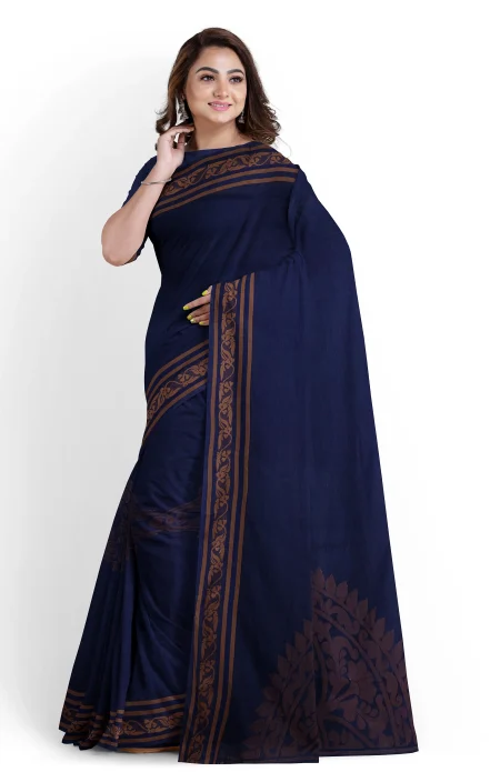 Handwoven Muslin Cotton Saree - Navy Blue - Image 2