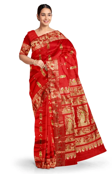 Baluchari Silk Saree with Mina Work - Red - Image 2