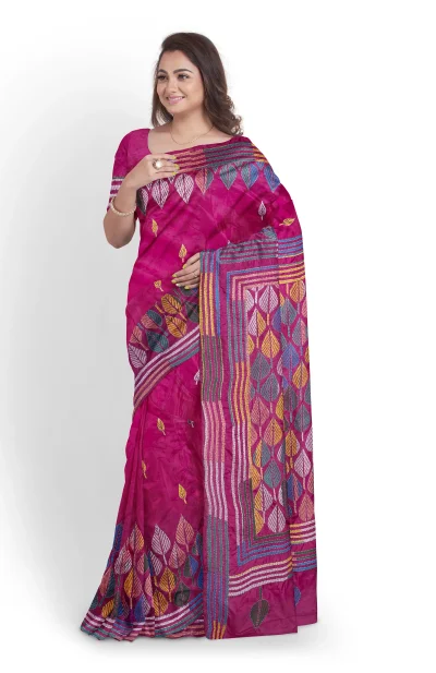 Kantha Silk Saree - Magenta