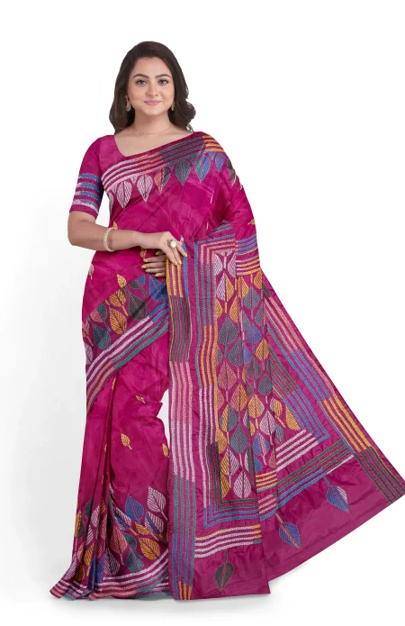 Kantha Silk Saree - Magenta - Image 2