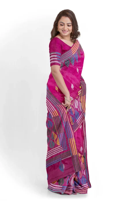 Kantha Silk Saree - Magenta - Image 3