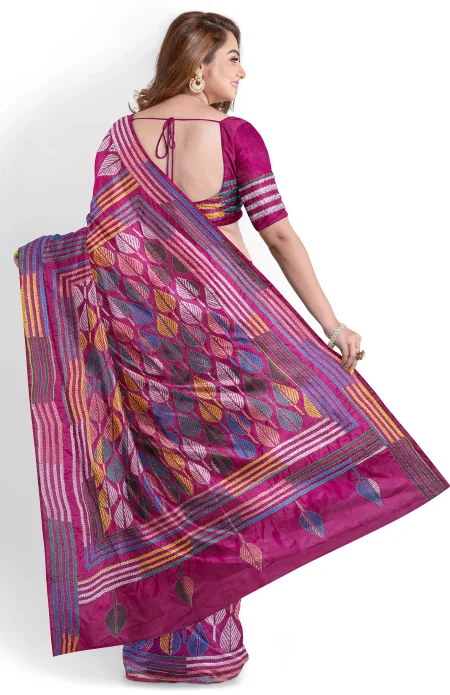 Kantha Silk Saree - Magenta - Image 4