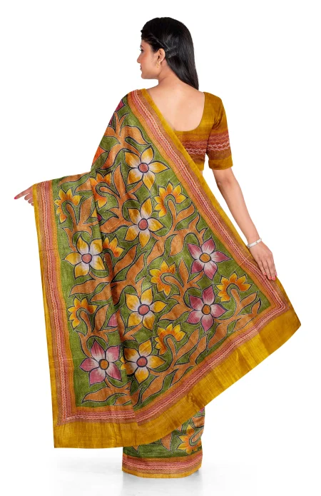 Handcrafted Kantha Tussar Silk Saree – Yellow - Image 3