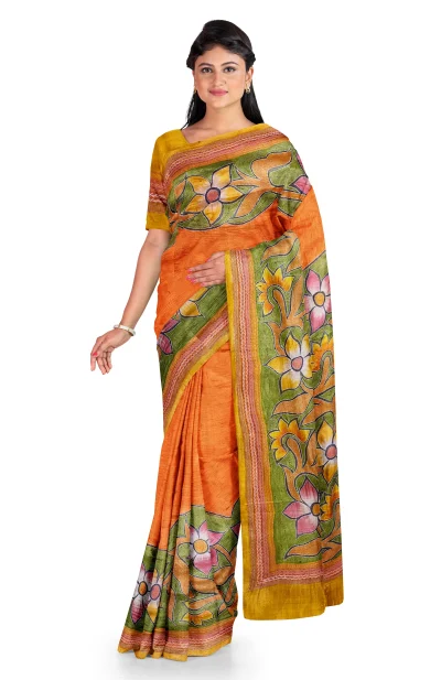 Handcrafted Kantha Tussar Silk Saree – Yellow