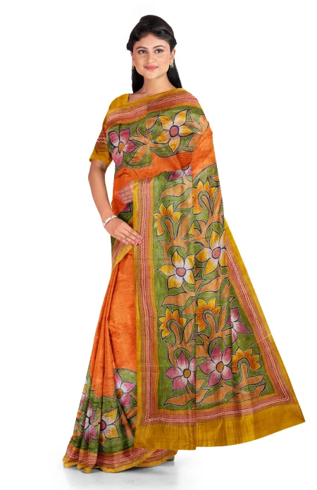 Handcrafted Kantha Tussar Silk Saree – Yellow - Image 2