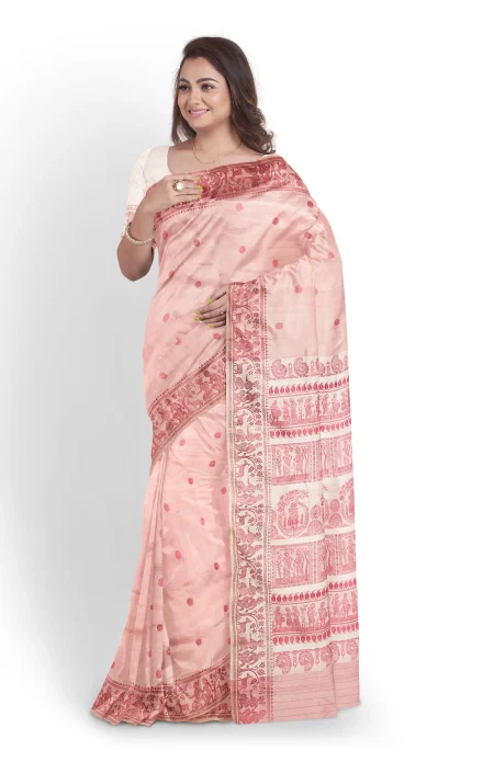 Baluchari Silk Saree - Coral Pink - Image 2