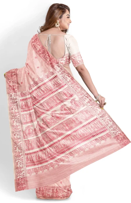 Baluchari Silk Saree - Coral Pink - Image 4