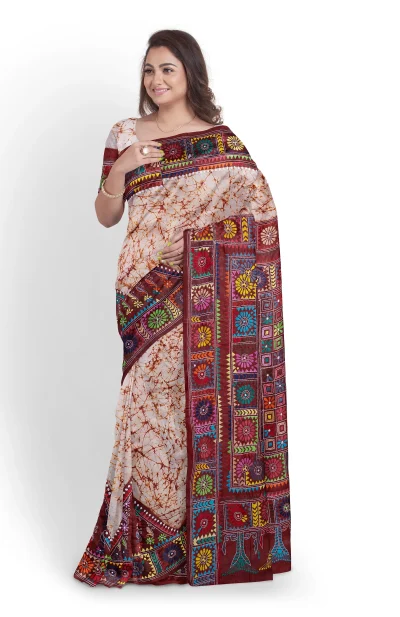 Handcrafted Kantha Batik Silk Saree - Multi Colour