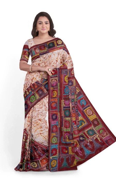 Handcrafted Kantha Batik Silk Saree - Multi Colour - Image 2