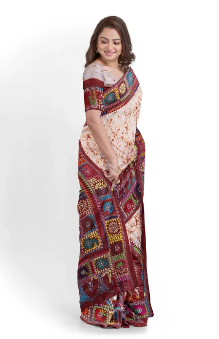 Handcrafted Kantha Batik Silk Saree - Multi Colour - Image 3