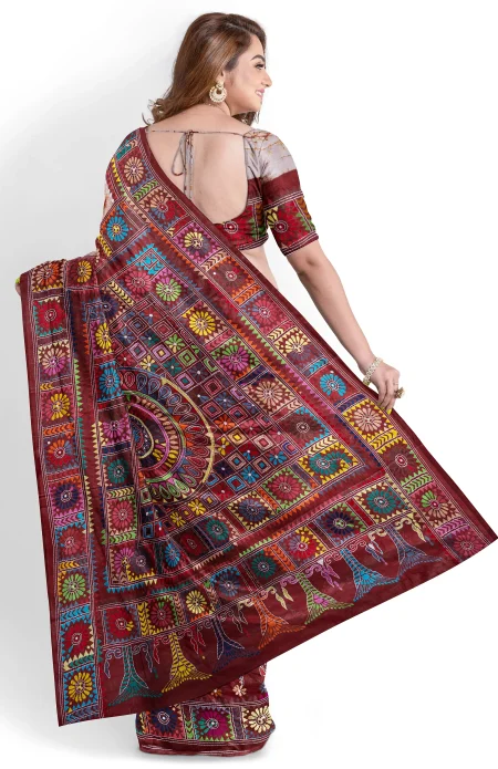 Handcrafted Kantha Batik Silk Saree - Multi Colour - Image 4
