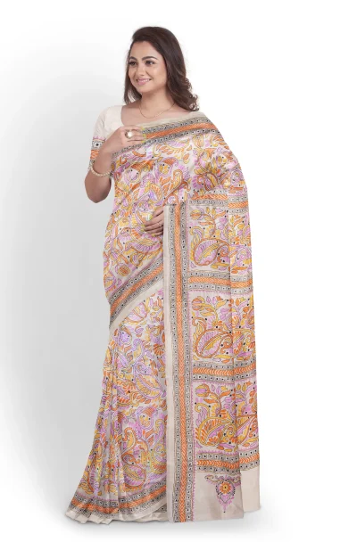 Handcrafted Kantha Tussar Silk Saree – Beige