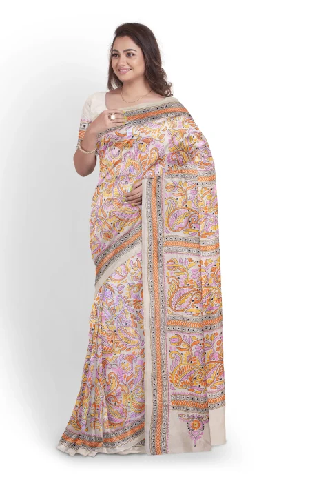 Handcrafted Kantha Tussar Silk Saree – Beige