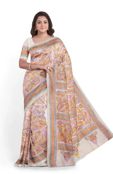 Handcrafted Kantha Tussar Silk Saree – Beige - Image 2