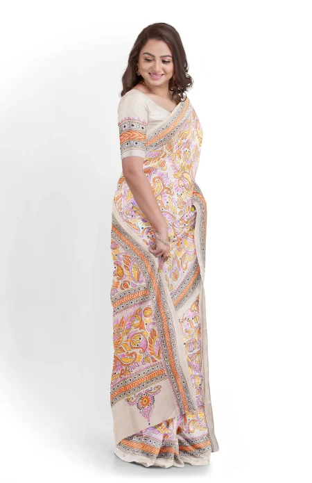 Handcrafted Kantha Tussar Silk Saree – Beige - Image 3