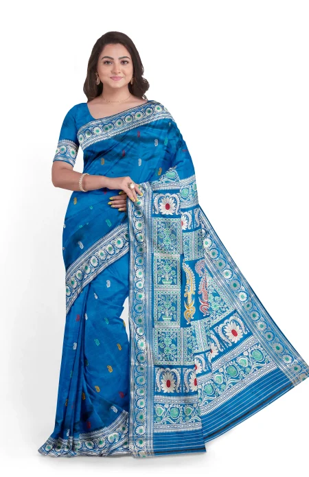 Baluchari Silk Saree - French Blue - Image 2