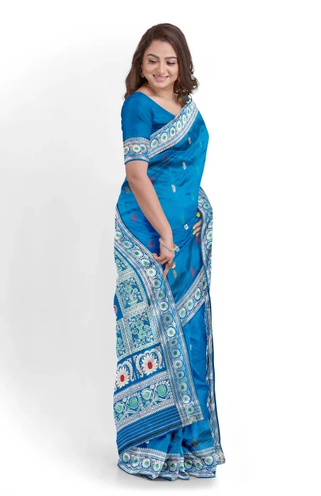 Baluchari Silk Saree - French Blue - Image 3