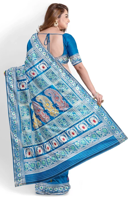 Baluchari Silk Saree - French Blue - Image 4