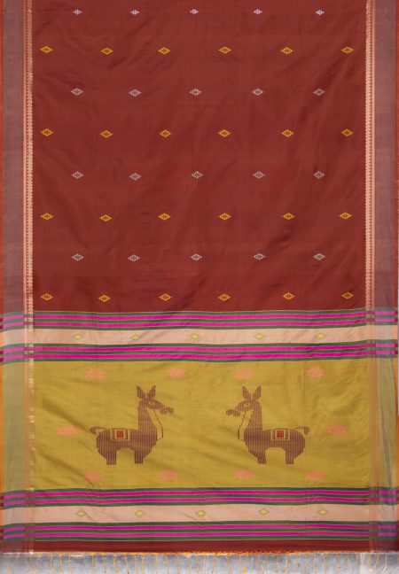 Handwoven Bishnupuri Silk Saree - Brown - Image 4