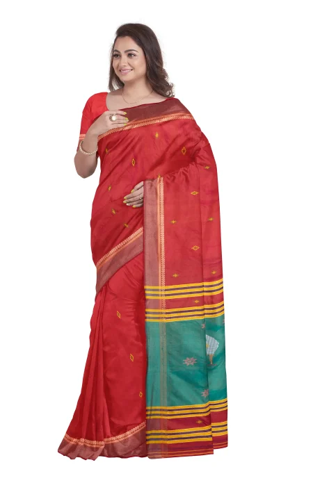 Handwoven Bishnupuri Silk Saree - Red - Image 2