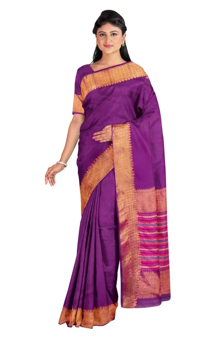 Handwoven Tangail Silk Saree with Zari Work - Magenta - Image 2