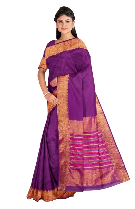 Handwoven Tangail Silk Saree with Zari Work - Magenta - Image 3