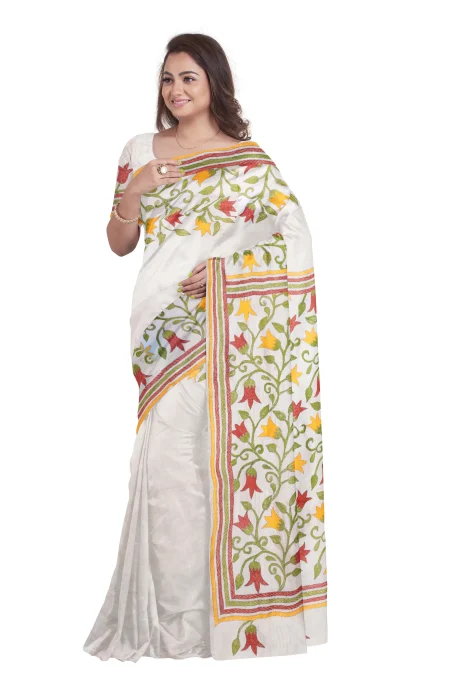 Handcrafted Kantha Tussar Silk Saree – Multi Colour - Image 3