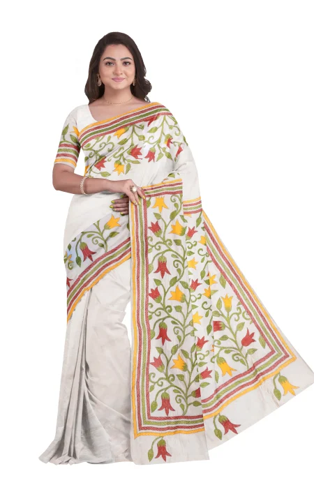 Handcrafted Kantha Tussar Silk Saree – Multi Colour