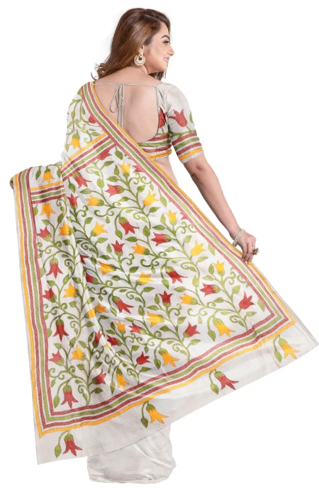 Handcrafted Kantha Tussar Silk Saree – Multi Colour - Image 2
