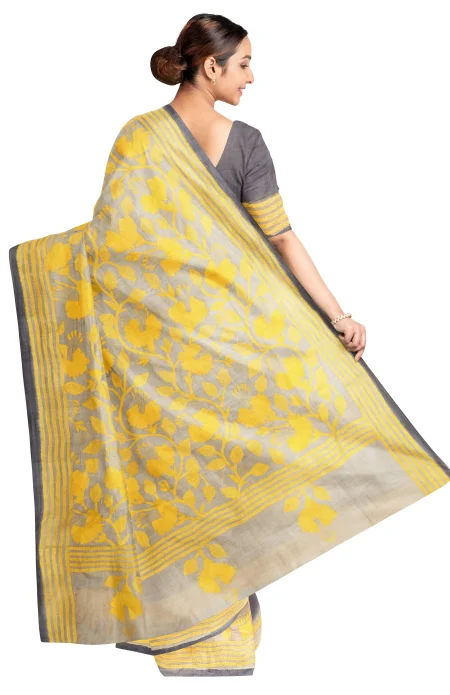 Handcrafted Kantha Tussar Silk Saree – Yellow - Image 2