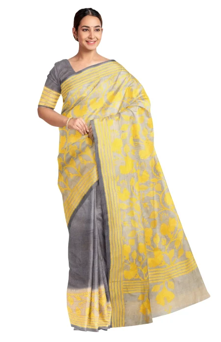 Handcrafted Kantha Tussar Silk Saree – Yellow - Image 3
