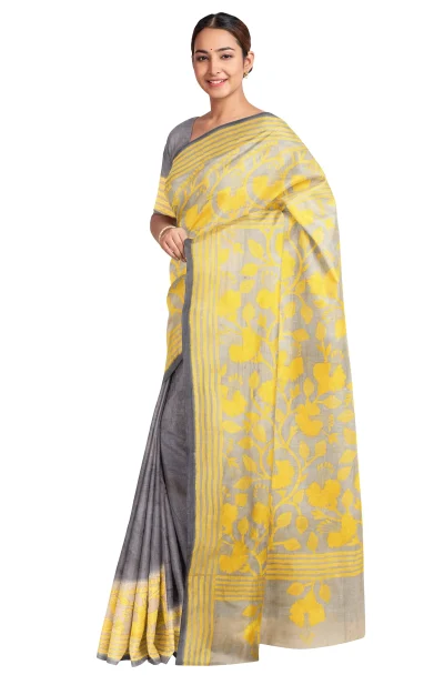 Handcrafted Kantha Tussar Silk Saree – Yellow