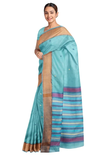 Handwoven Tangail Silk Saree with Zari Work - Sea Green