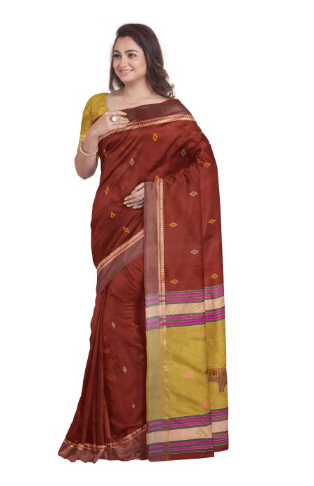 Handwoven Bishnupuri Silk Saree - Brown - Image 3